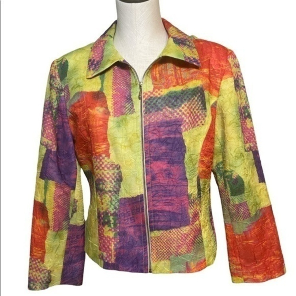 LoriZoni Silk womens abstract colorful crinkle zip vintage enclosure blazer Sz S